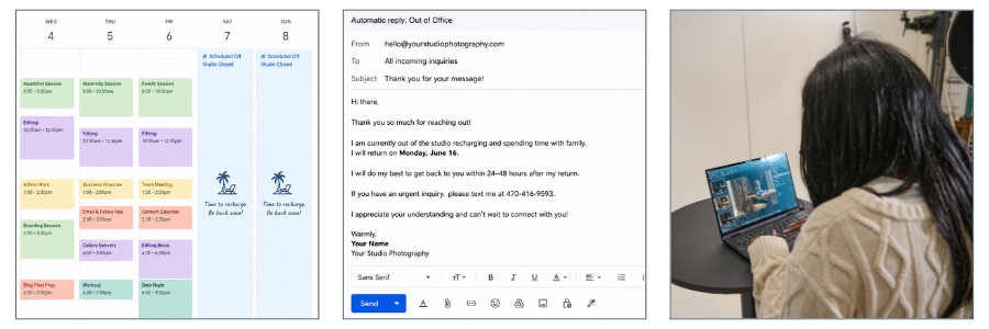 Photography business workflow showing calendar planning auto responder and creative recharge time