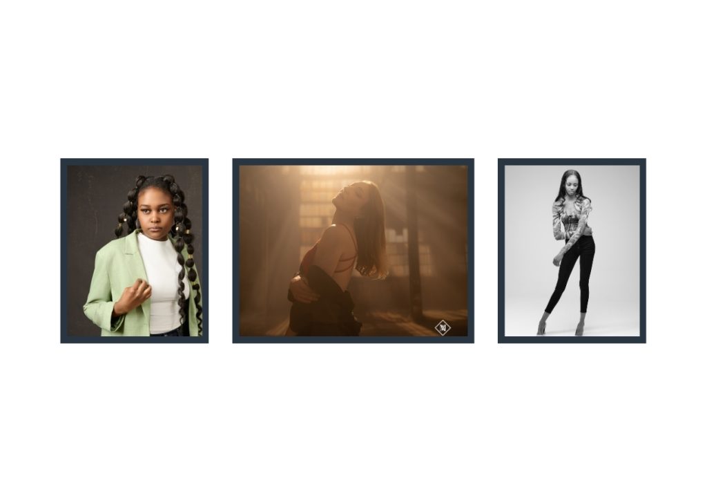 Examples of different photography genres including headshots, boudoir, and family portraits in one studio