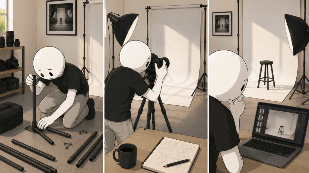 Photographer spending time assembling equipment, photographing clients, and reviewing images during a studio session.