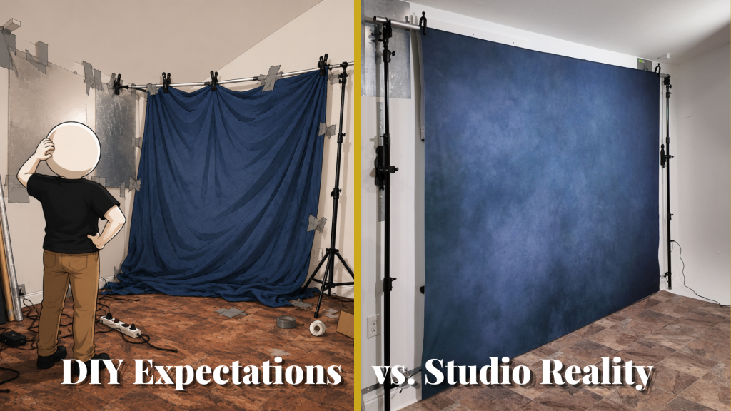 DIY magnetic backdrop wall compared to a professional photography backdrop system showing the difference between a homemade setup and an organized studio workflow.