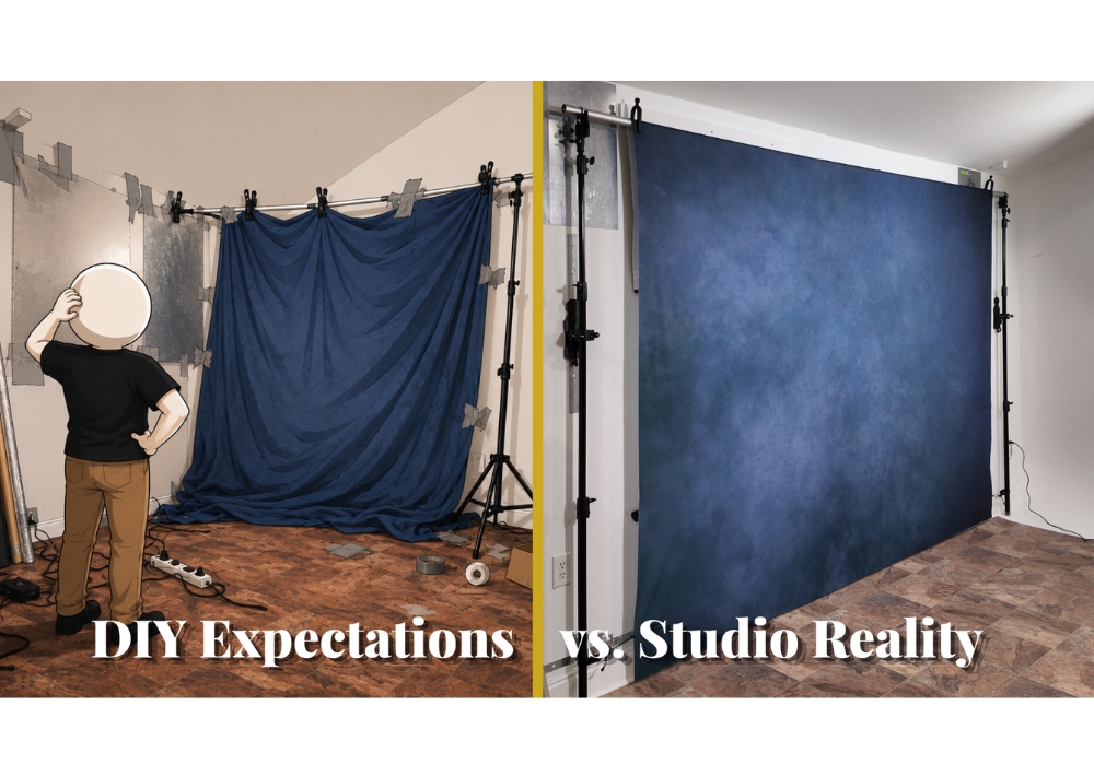 DIY magnetic backdrop wall compared to a professional photography backdrop system showing the difference between a homemade setup and an organized studio workflow.