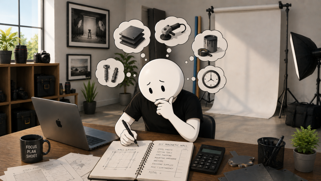 Photographer planning a DIY magnetic backdrop wall while calculating materials, tools, installation requirements, and project costs