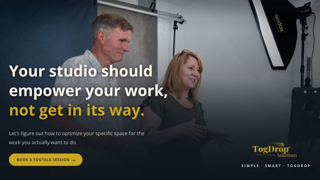 Gary and Elaine discussing how an organized photography studio creates a simpler and more efficient workflow.