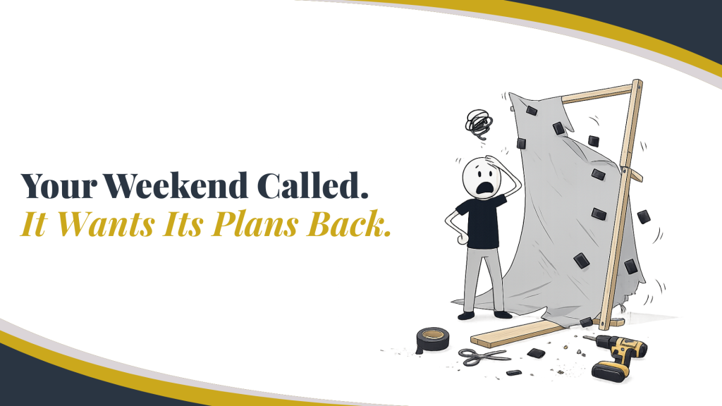 Illustration showing a photographer losing valuable weekend time to a DIY backdrop project.